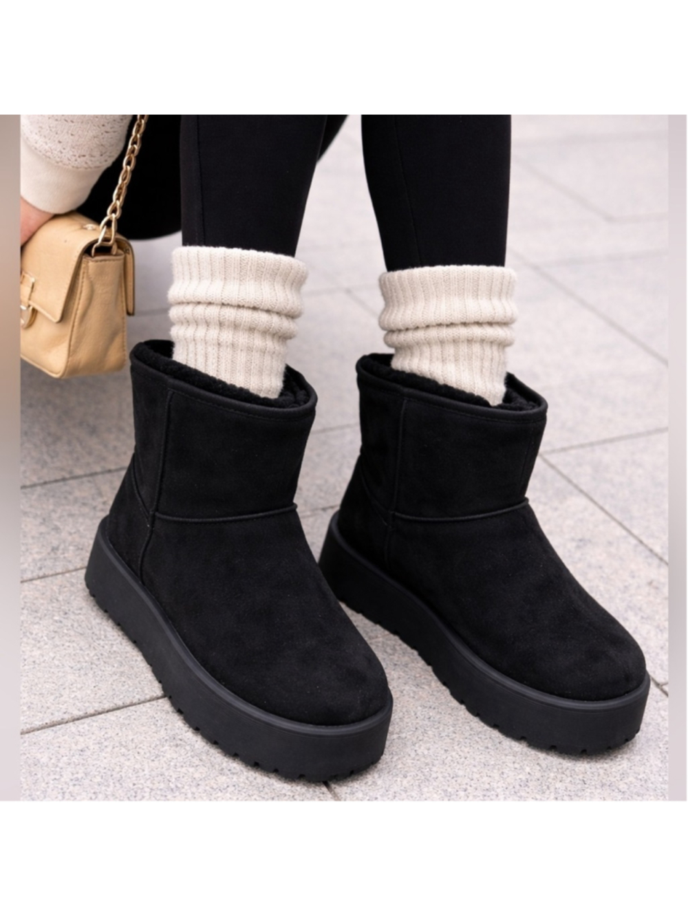 Women's Furry Faux Suede Ankle Platform Booties Black Size 7.5 New